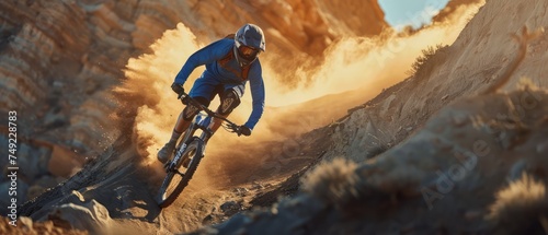 Man Riding Mountain Bike Down Rocky Slope