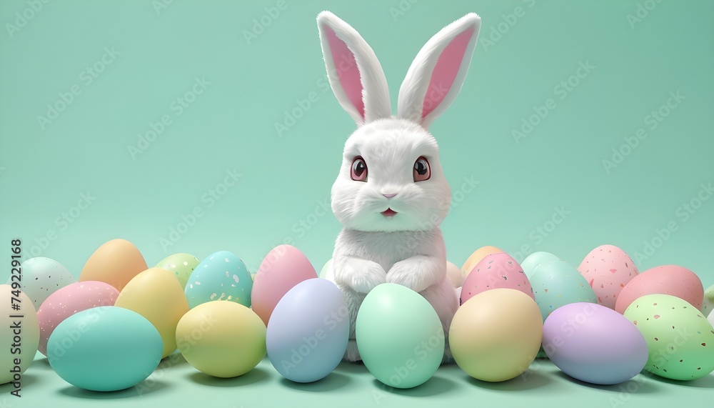Obraz premium Easter bunny with a wicker basket full of colorful easter eggs on pastel green background