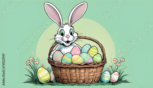 Easter bunny with a wicker basket full of colorful easter eggs on pastel green background