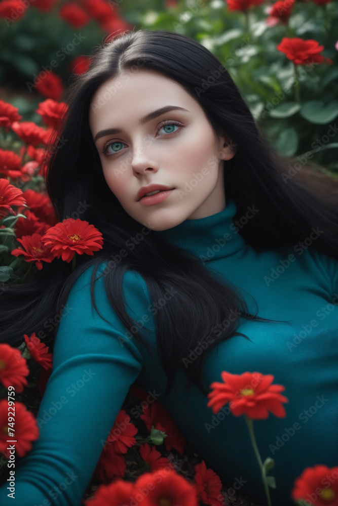 A beautiful young woman lying in a majestic red flowerbed A beautiful young woman lying in a majestic red flowerbed