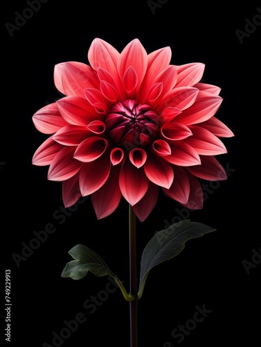 A single red Dahlia flower on a black dark background, isolated red pink dahlia flower