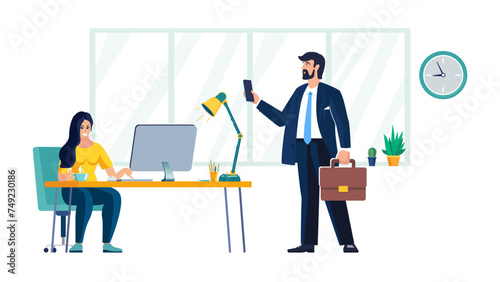 Work in office. Business development. worker girl works at the computer, people. Businessman discussing business plan, brainstorming startup idea, entrepreneur developing mission. Vector illustration