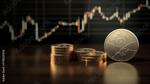 Bitcoin coin with a chart on the background showing an uptrend in price photo