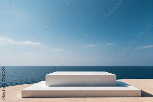 Abstract minimalist podium stage with square pedestals for product presentation against blue sky background and seas