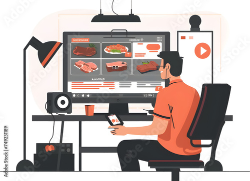 Man Using Computer to Watch Cooking Show and Plan Meals in Digital Age photo