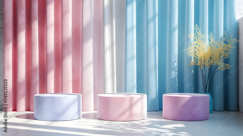 pastel-colored scene with pedestals arranged in a semi-circle. pastel-colored scene with pedestals arranged in a semi-circle.