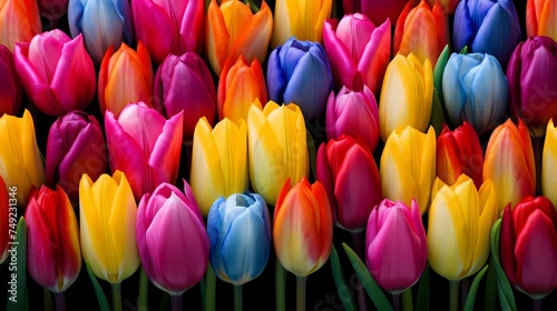 A row of colorful tulips in full bloom.