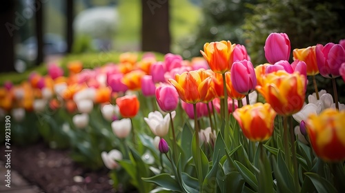 A row of colorful tulips in full bloom.