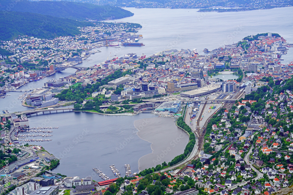 Panoramic view of Bergen and harbor from Mount Floyen, Bergen, Norway. Panorama of Bergen from the viewport on the mountain