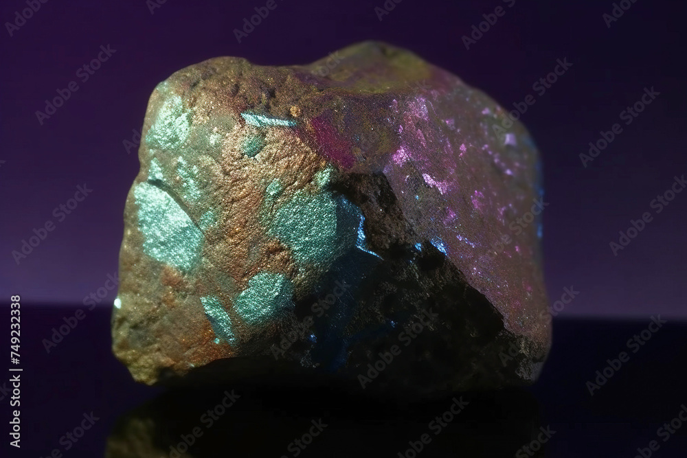Bornite is a rare precious natural stone on a black background. AI generated. Header banner mockup with space. Bornite is a rare precious natural stone on a black background. AI generated. Header banner mockup with space.
