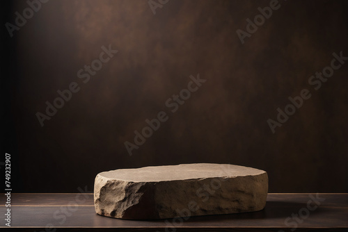 Brown elevated stone podium or pedestal product display on dark rustic brown Background for product display, branding, identity and presentation