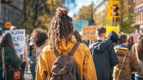 A person with dreadlocks strolls down a bustling city street, surrounded by buildings and pedestrians