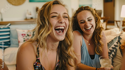 Two women sitting comfortably on a couch, sharing a moment of laughter and joy together
