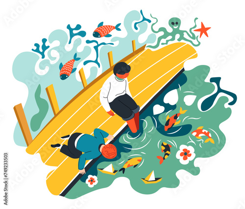 Children playing by garden with pond with koi fish