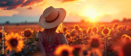 Woman Wearing Hat in Sunflower Field