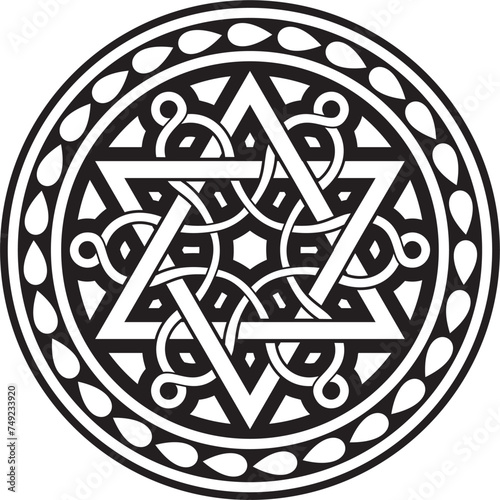 Vector black monochrome round Jewish ornament. Star of David. Semitic circle, ring. Jerusalem