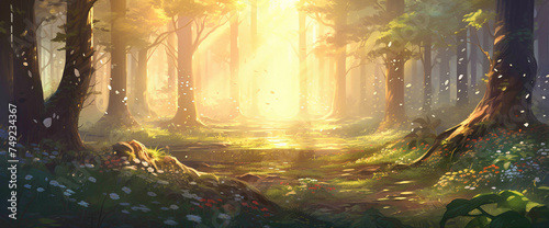 Delightful gradient forest with sunlight filtering through the trees  painting the cutest and most beautiful patterns on the forest floor.