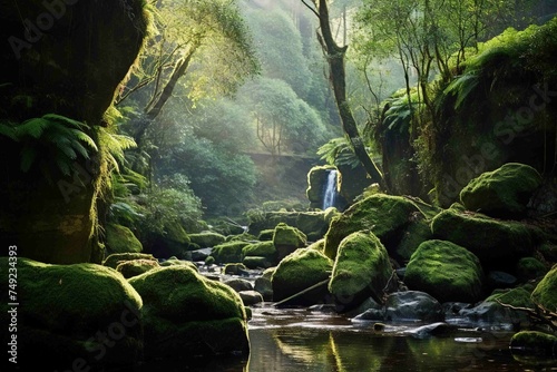 Valley filled with ancient, moss-covered boulders and ferns, bathed in soft light  © Dan