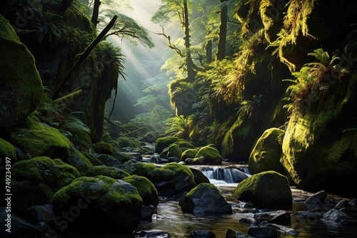 Valley filled with ancient  moss-covered boulders and ferns  bathed in soft light 