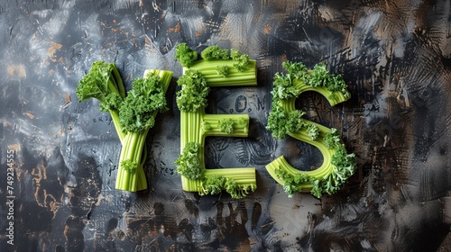 Inscription Yes of celery and broccoli. The word YES from healthy vegetables. Say YES to veganism, healthy living, health, happiness and all good things.