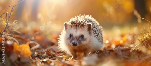 A European hedgehog is actively searching for food as it walks through a field covered with fallen leaves. The spiny mammal moves cautiously, blending in with the autumnal surroundings.