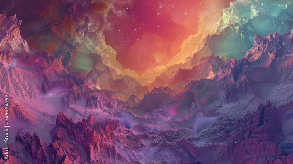 A breathtaking digital art piece portraying a surreal landscape of mountains with cosmic sky and celestial colors.