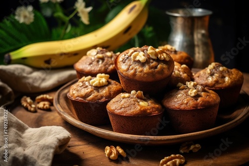 Vegan banana muffins adorned with walnut halves  photo