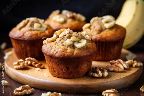 Vegan banana muffins adorned with walnut halves  photo