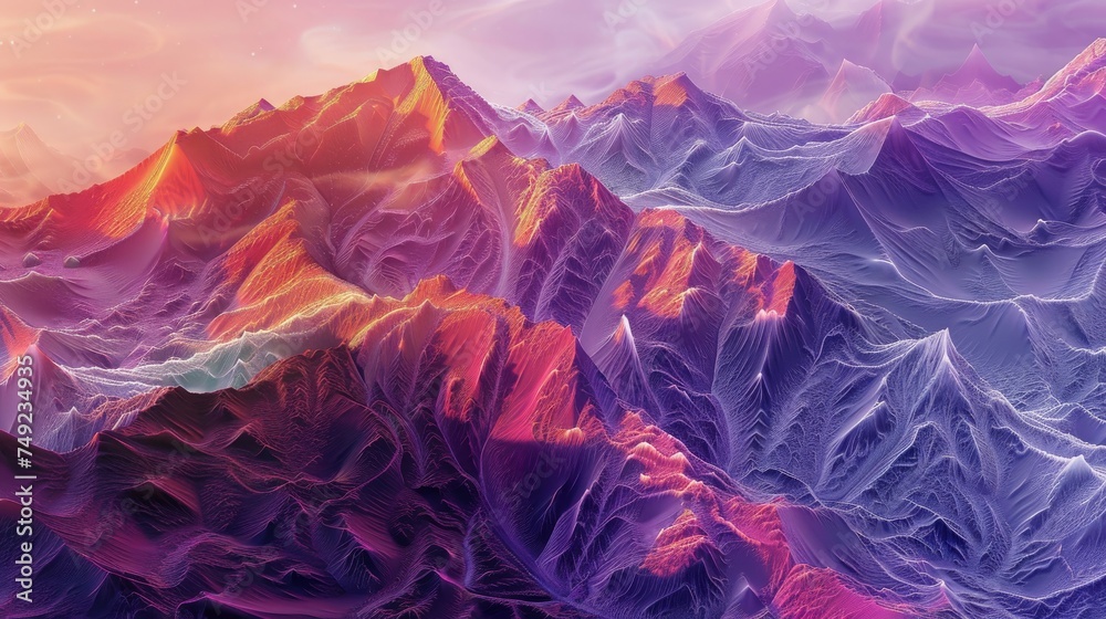 Naklejka premium Digital artwork of a mountain range bathed in neon colors, showcasing a fusion of natural forms with a futuristic, digital aesthetic.
