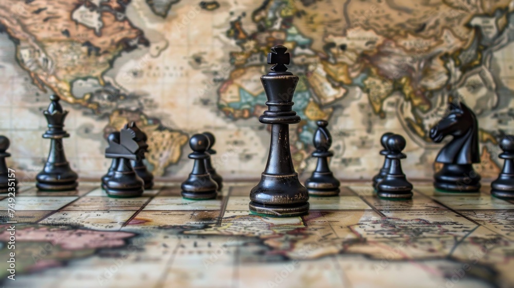 Chess Game on World Map, Global Corporations Strategizing Chess Game on World Map, Global Corporations Strategizing