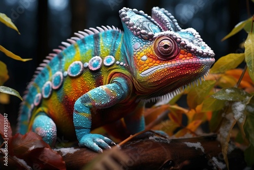 Vibrant chameleon blending into icy foliage 