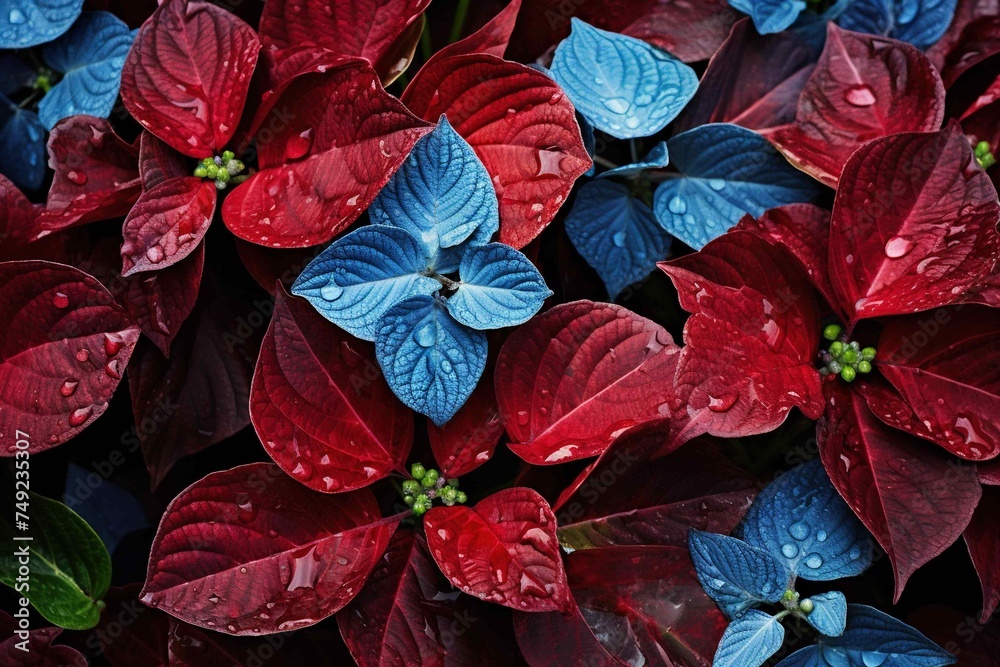 Vibrant hydrangea leaves transitioning from green to red 