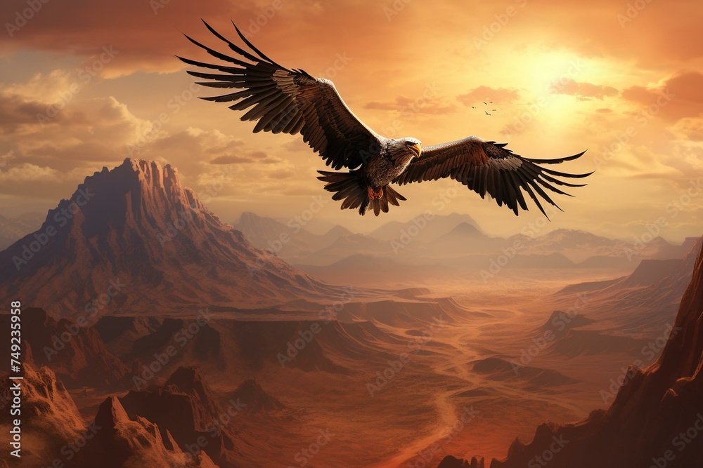 Obraz premium Vulture circling over a dramatic desert landscape 