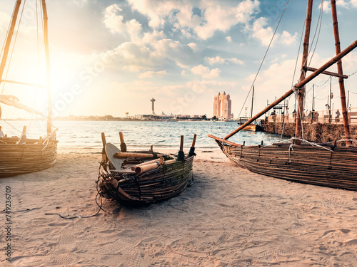 Reed boats on the beach in Abu Dhabi