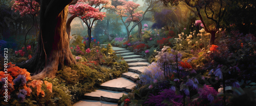 Dreamy gradient garden with winding paths and vibrant flowers  evoking the cutest and most beautiful botanical retreat.
