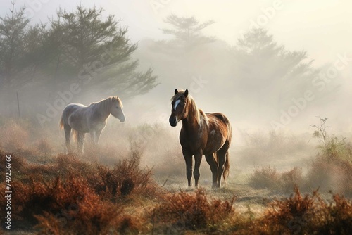 Wild horses grazing in meadow with dense fog  © Dan