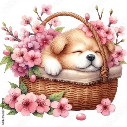 cute dog sleeping in a cherry blossom basket 