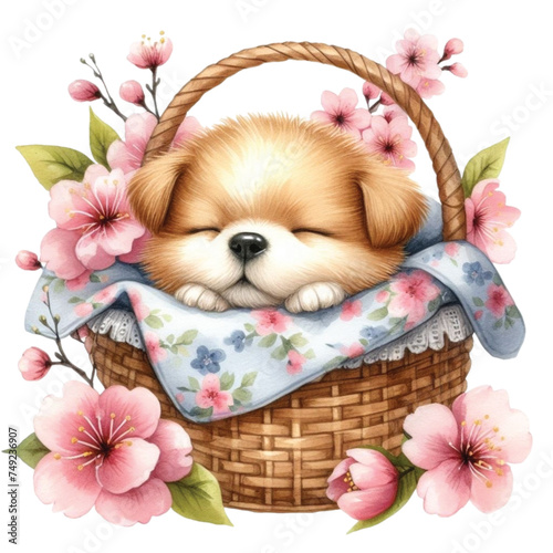 cute dog sleeping in a cherry blossom basket 