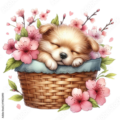 cute dog sleeping in a cherry blossom basket 