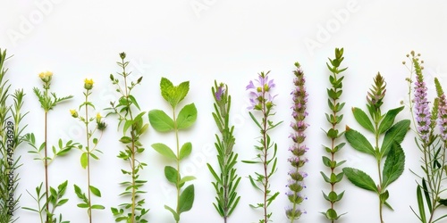 Assortment of fresh culinary herbs isolated on white background.
