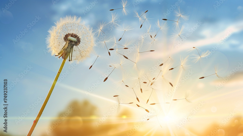 Dandelion seeds being carried away by a gentle breeze, a metaphor for spreading new life and opportunities