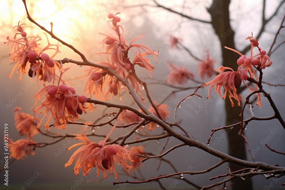 Witch hazel shrubs emerging from morning haze Witch hazel shrubs emerging from morning haze