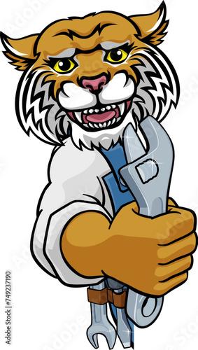A wildcat cartoon animal mascot plumber, mechanic or handyman builder construction maintenance contractor peeking around a sign holding a spanner or wrench