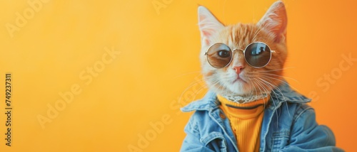 Funny animal pet photography - Cool brown cat with sunglasses and blue jeans jacket, isolated on yellow background banner
