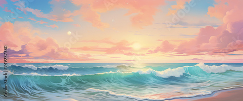 Captivating gradient seascape with pastel skies and gentle waves  offering the cutest and most beautiful coastal panorama.