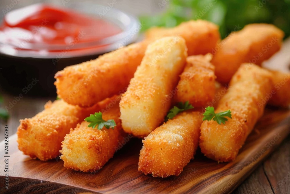Fried cheese sticks with seasoning on dark wooden board. Fried cheese sticks with seasoning on dark wooden board.