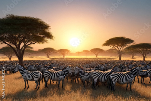 Sunset over wild zebra herd in savannah  wilderness. Tranquil scene of zebras grazing in golden light of setting sun  habitat animals. Nature animal wildlife concept. Copy ad text space. Generated Ai