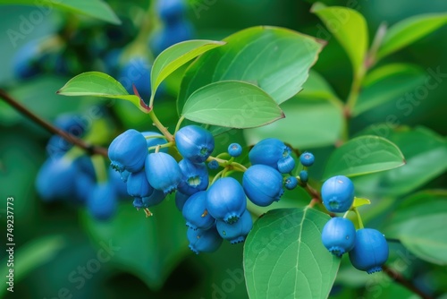 Close-up of blue honeysuckle berries on a branch.