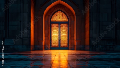 the door in the arched window of an arabic mosque at night