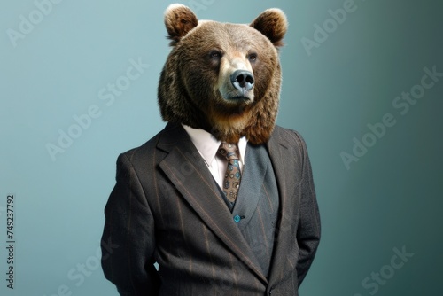 Bear in a business suit portrait on a blue background.